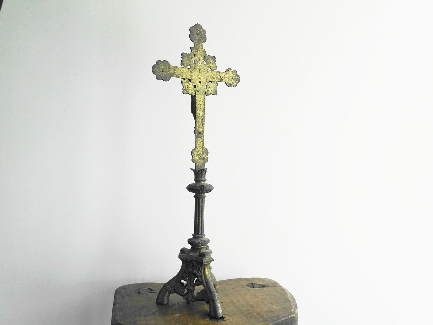 Antique French Altar Cross with Tripod Base and Red Glass Stones, Antique French Table Inri Crucifix, Standing Cross