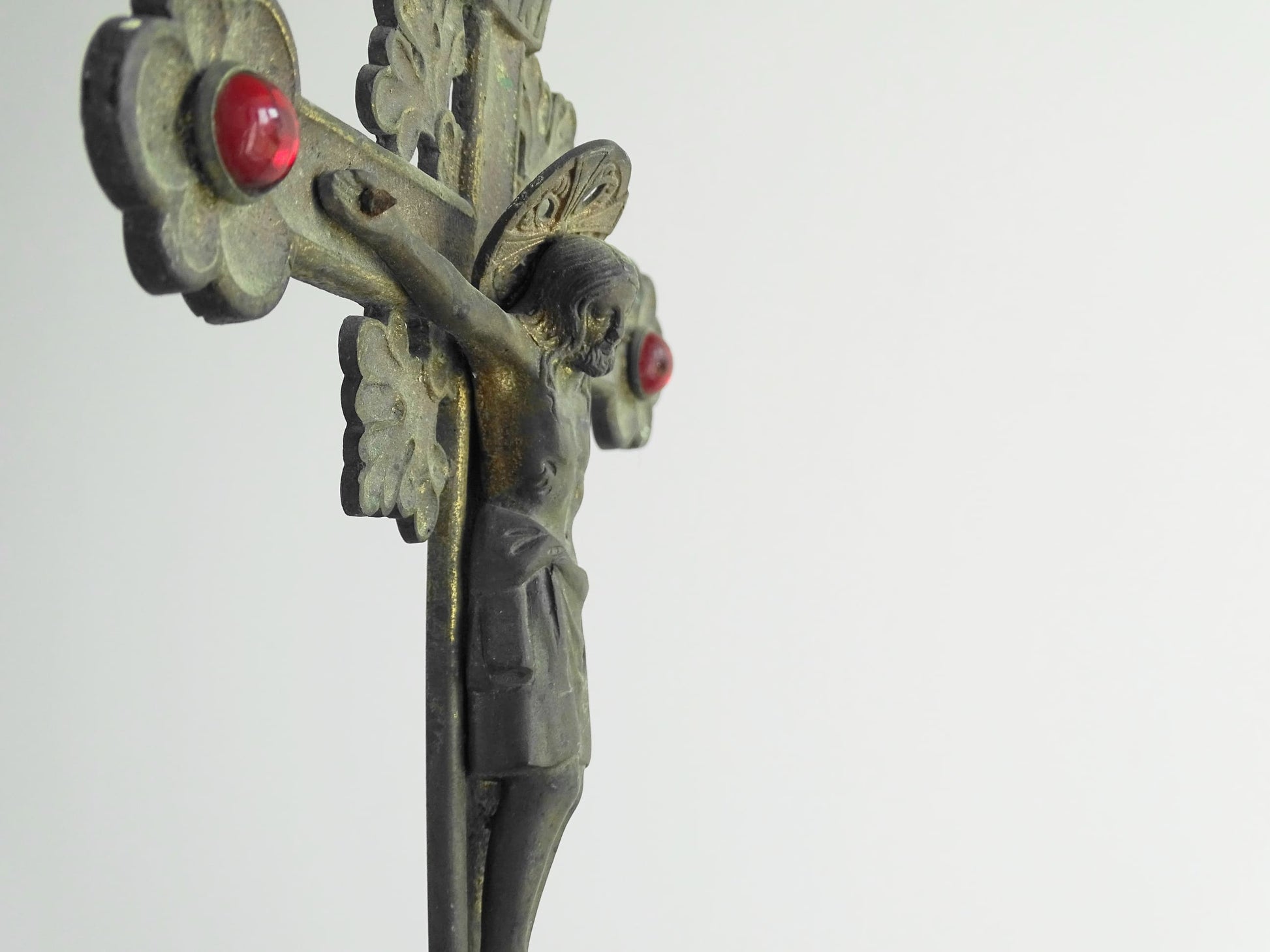 Antique French Altar Cross with Tripod Base and Red Glass Stones, Antique French Table Inri Crucifix, Standing Cross