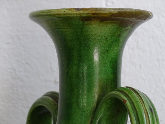 Beautiful Antique Art Nouveau French Pottery Vase with Green and Soft Yellow Glaze