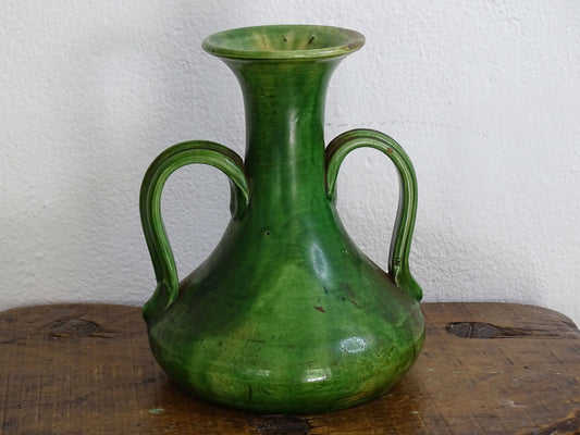 Beautiful Antique Art Nouveau French Pottery Vase with Green and Soft Yellow Glaze