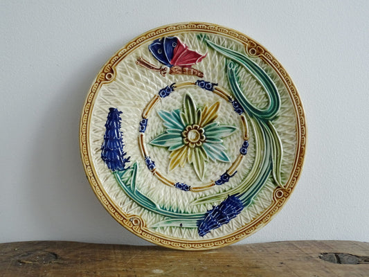 Antique French Barbotine Plate or Majolica Plate with Cornflowers and Butterflies