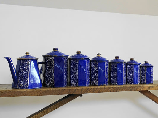 Set of Antique French Blue Enamel Storage Cannisters and Teapot with White Dots and Gold Edge