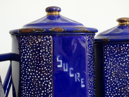 Set of Antique French Blue Enamel Storage Cannisters and Teapot with White Dots and Gold Edge