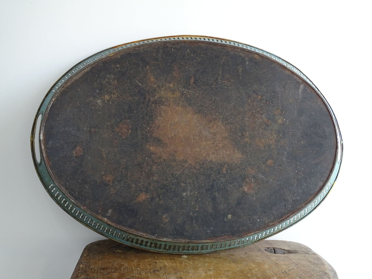 Antique French Hand-Painted Toleware Oval Tray in Bright Blue with Painted Flowers