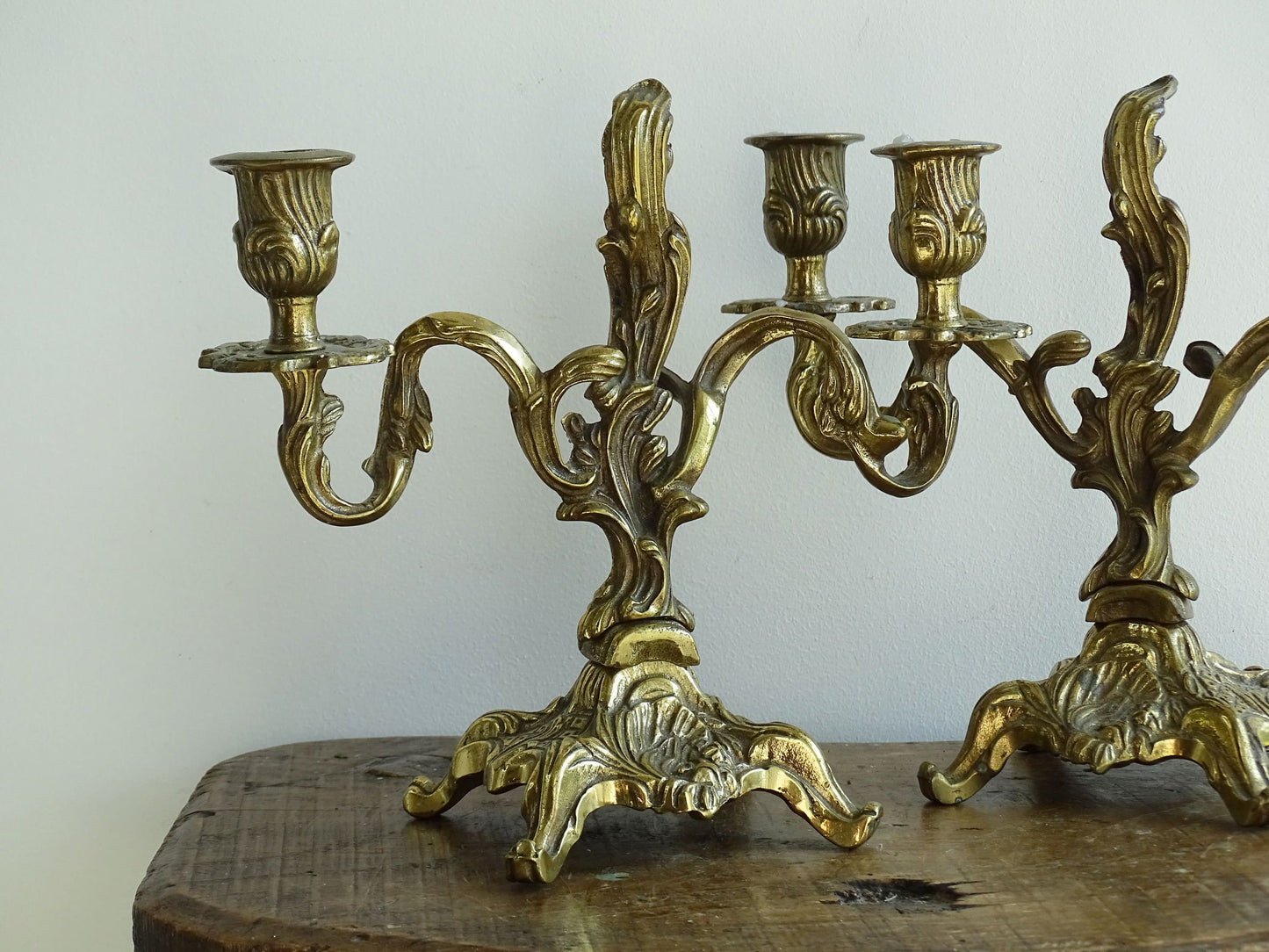 Antique Pair of Rococo Style Brass Candelabras