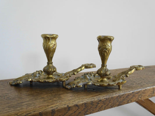 Pair of Antique French Brass Chamber Candlesticks