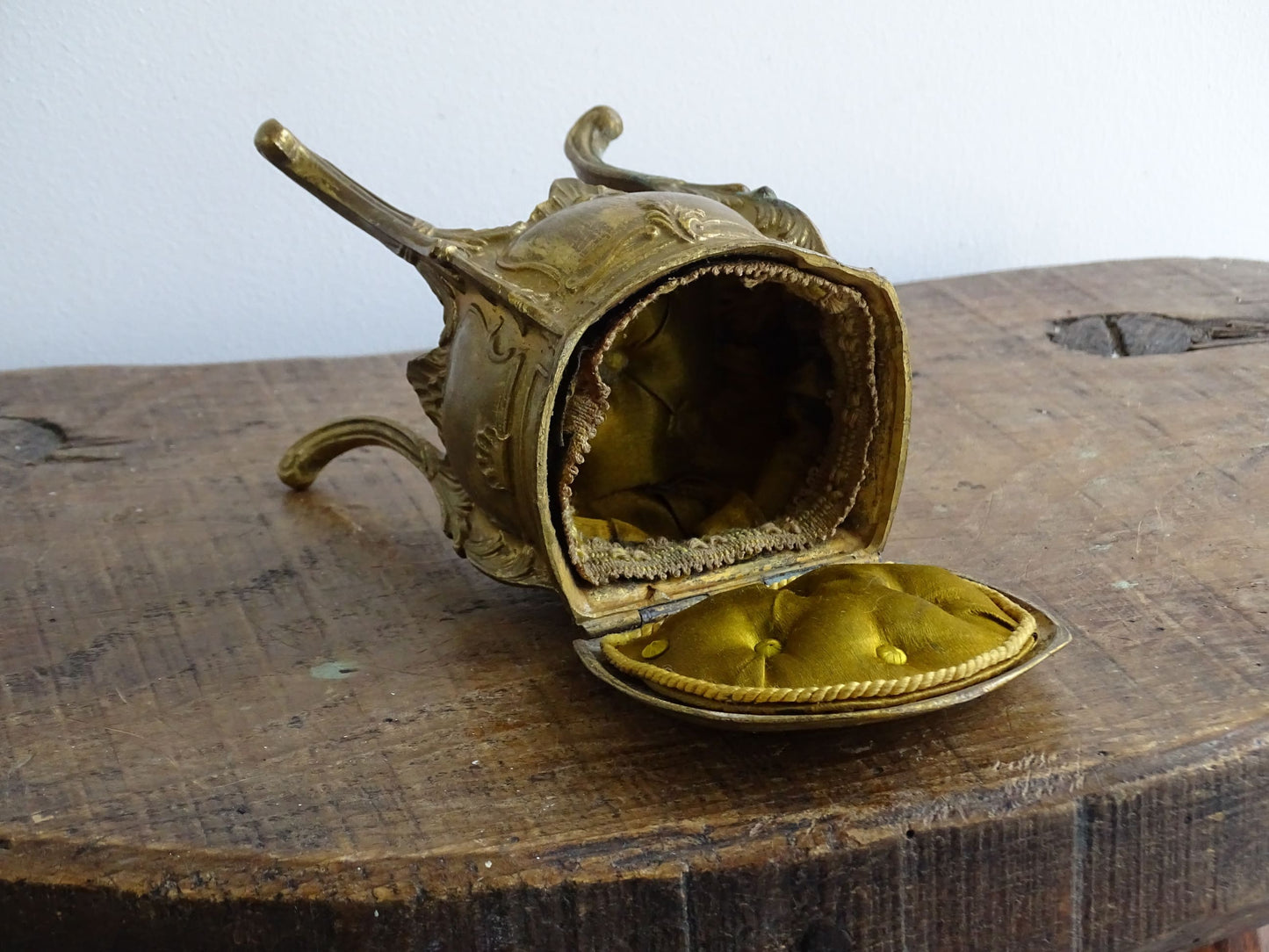 Antique French Brass Trinket Box with Silk Lining