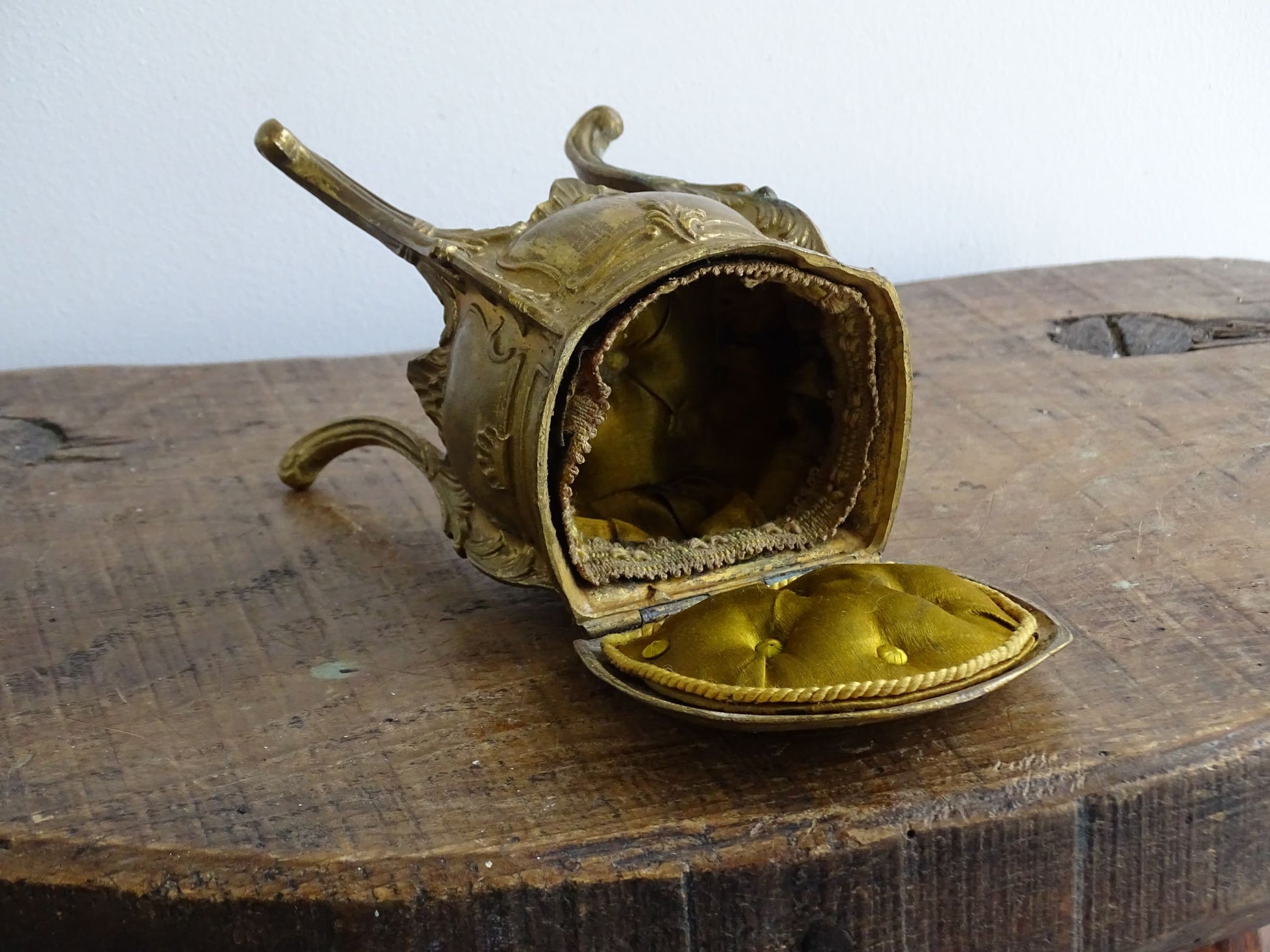 Antique French Brass Trinket Box with Silk Lining