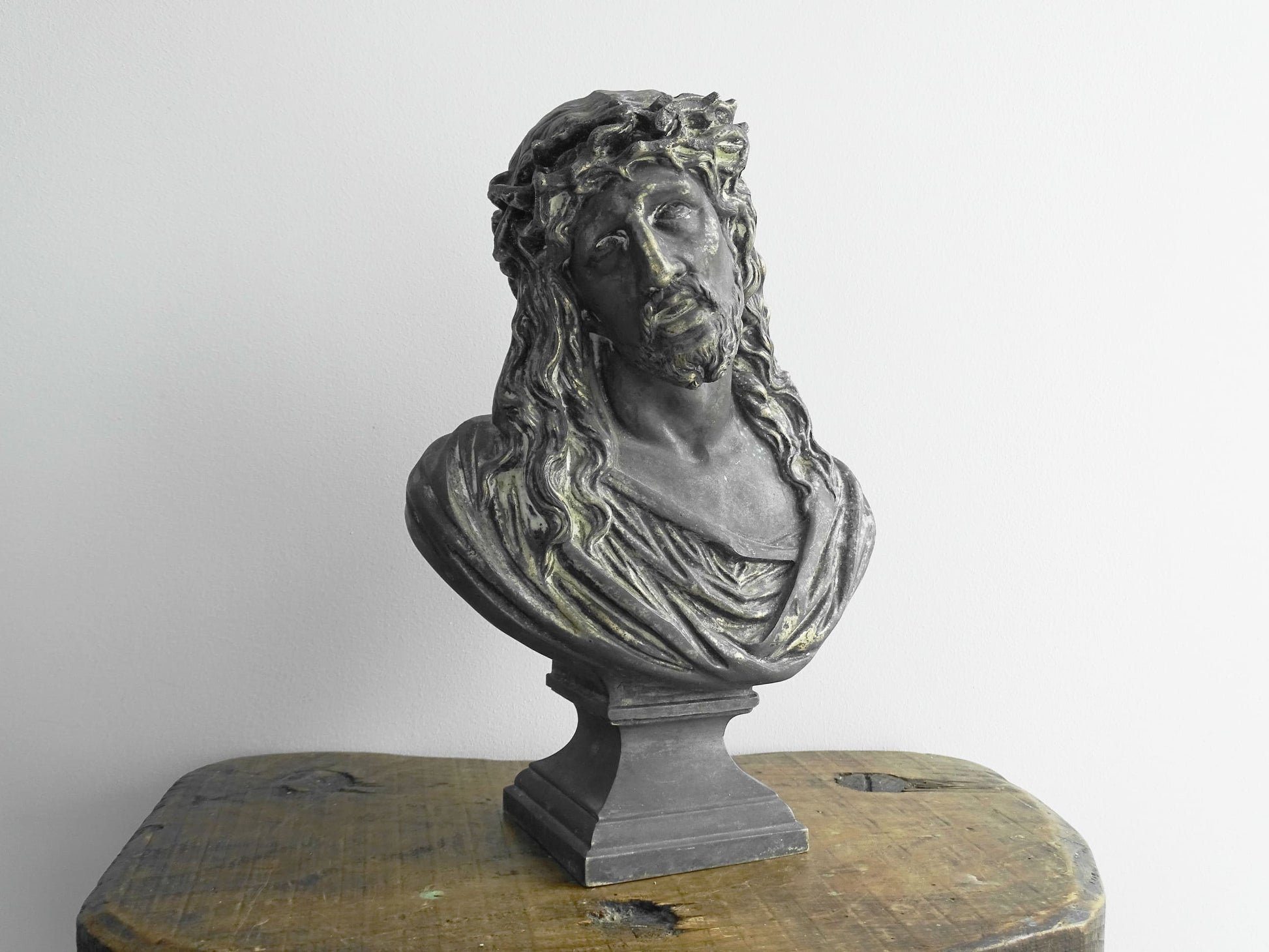 Antique Spelter Bust of Christ with Crown of Thorns