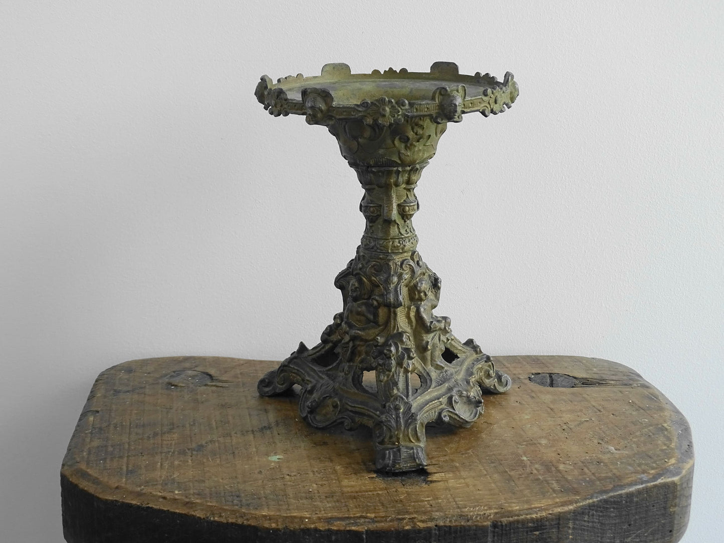 Antique Ornate French Cast Iron Candle Holder with Tripod Base