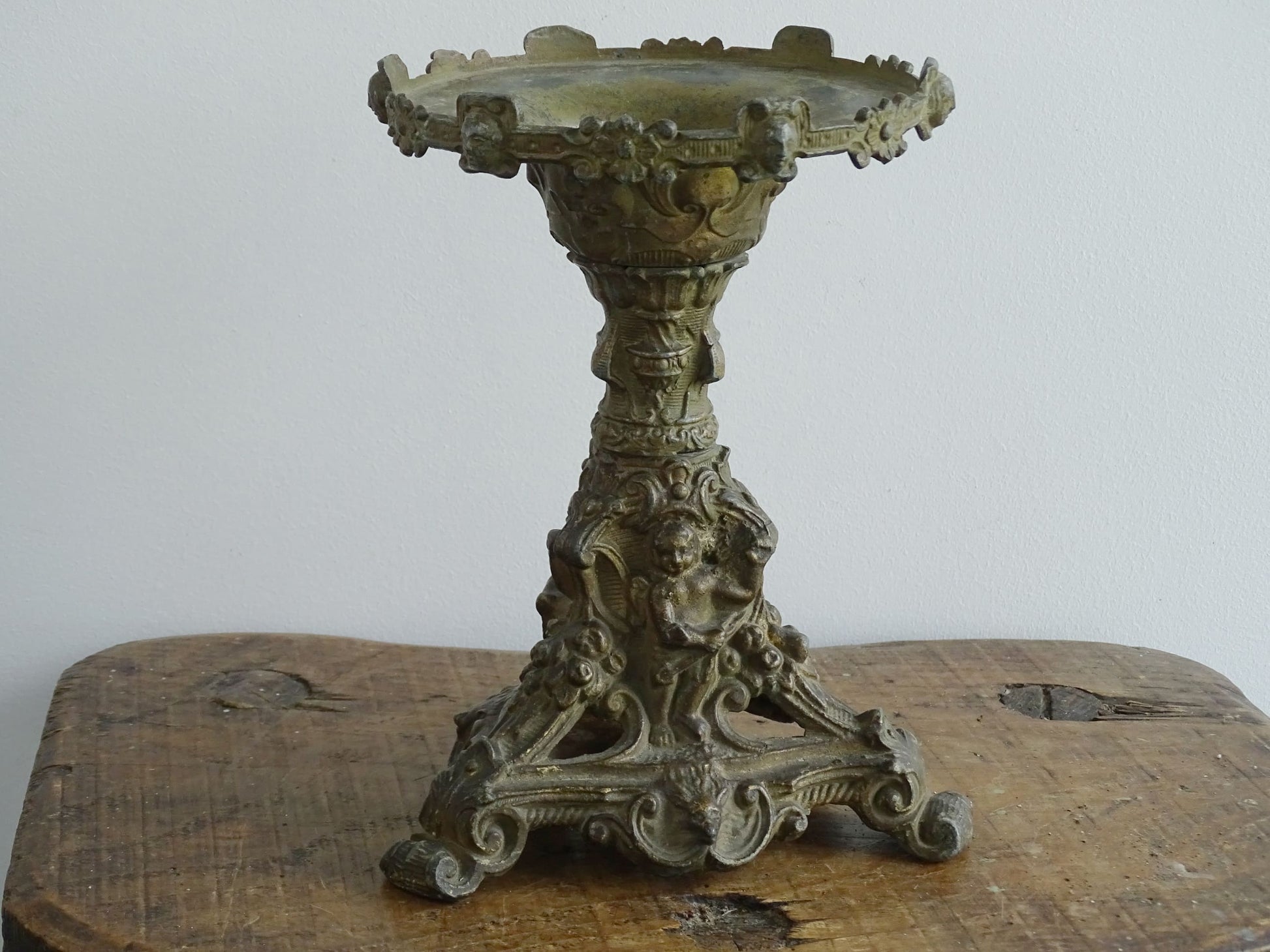 Antique Ornate French Cast Iron Candle Holder with Tripod Base