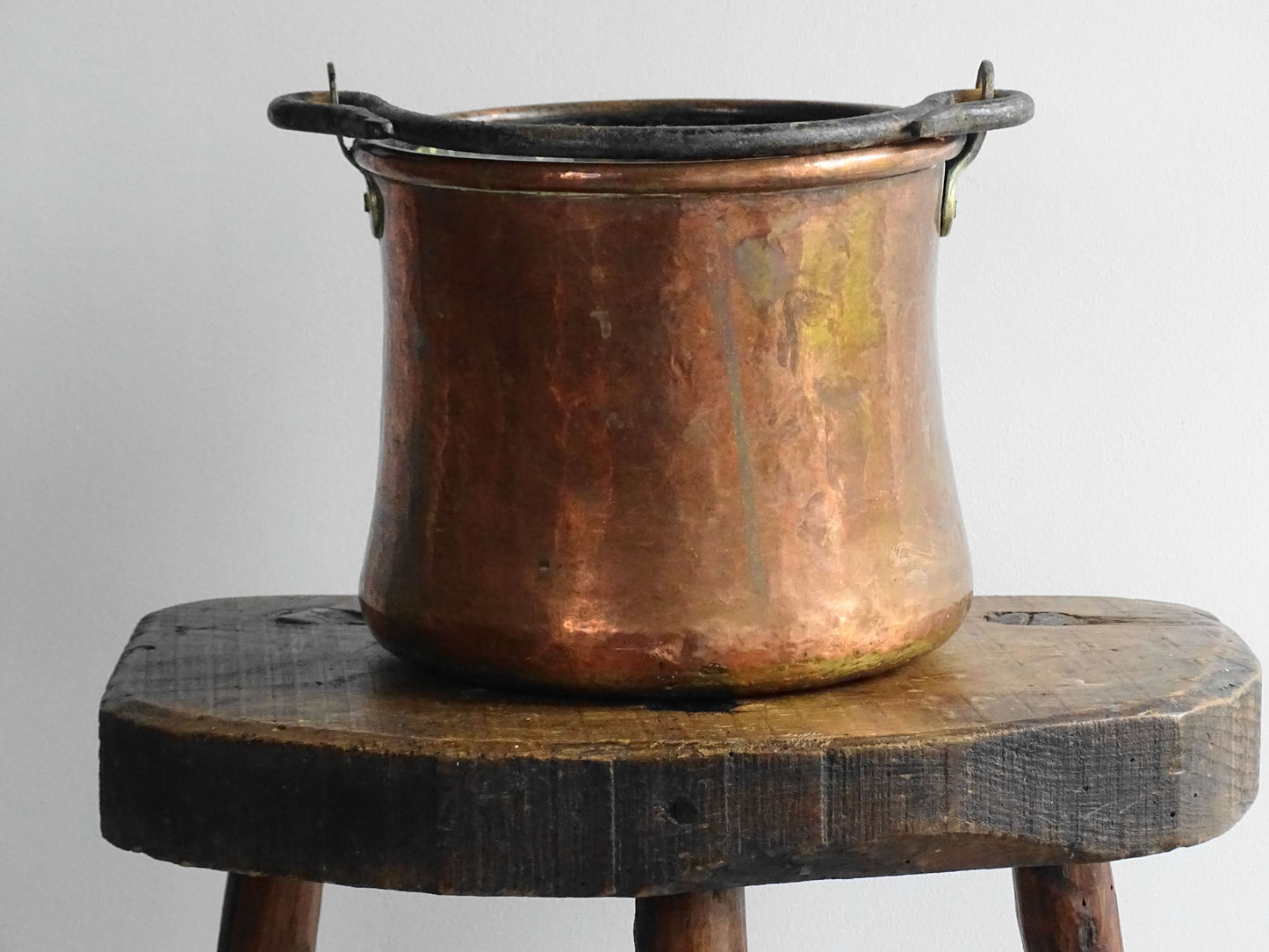 Antique French Copper Cauldron or Cooking Pot with Wrought Iron Handle