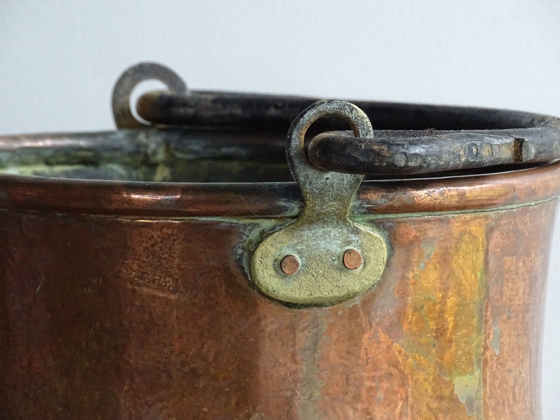 Antique French Copper Cauldron or Cooking Pot with Wrought Iron Handle