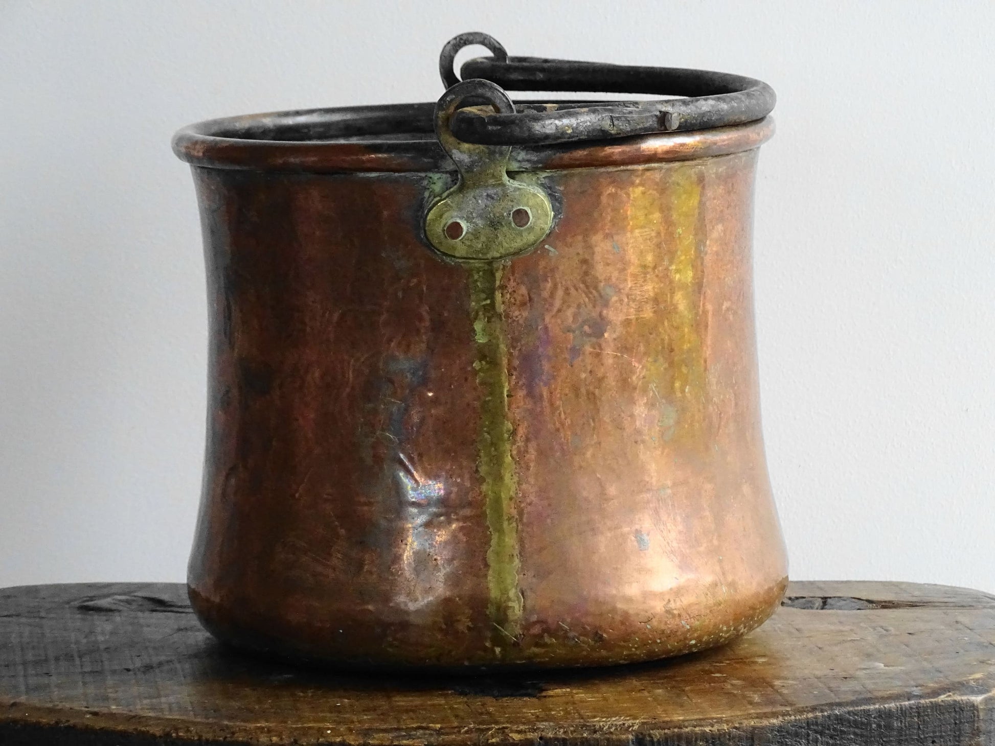 Antique French Copper Cauldron or Cooking Pot with Wrought Iron Handle