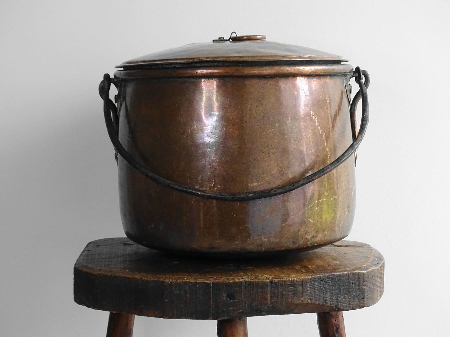  18th Century Antique French Copper Cauldron with lid and wrought iron handle.