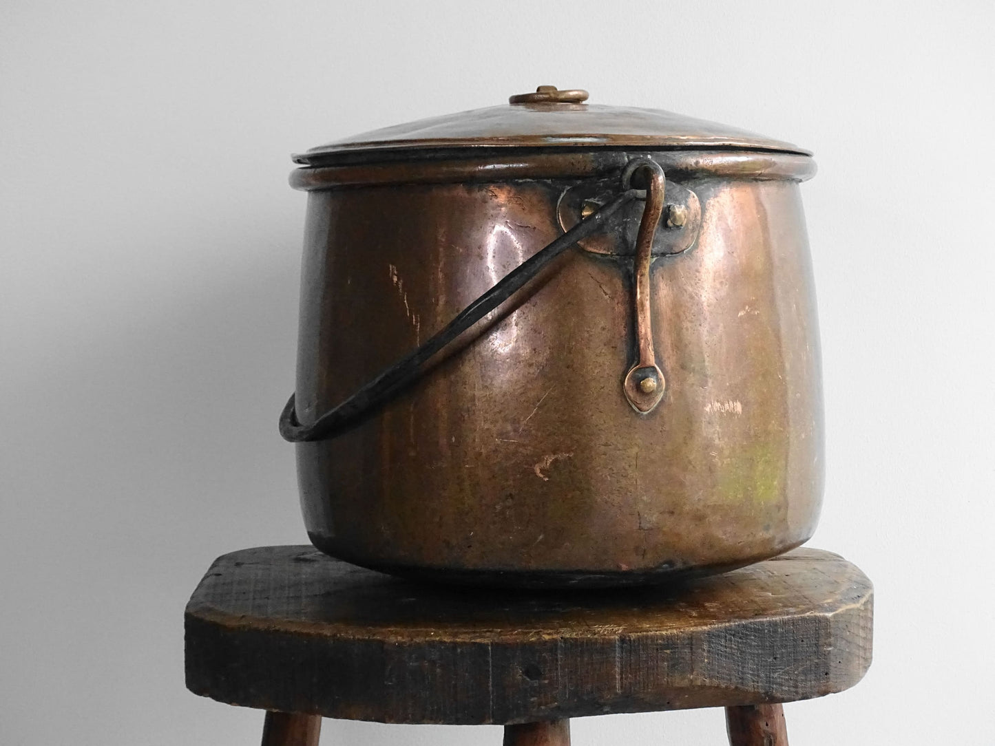  18th Century Antique French Copper Cauldron with lid and wrought iron handle.