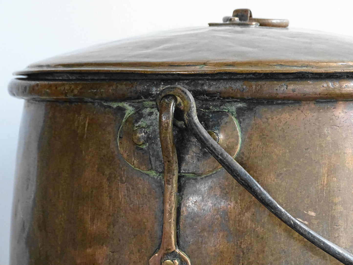  18th Century Antique French Copper Cauldron with lid and wrought iron handle.