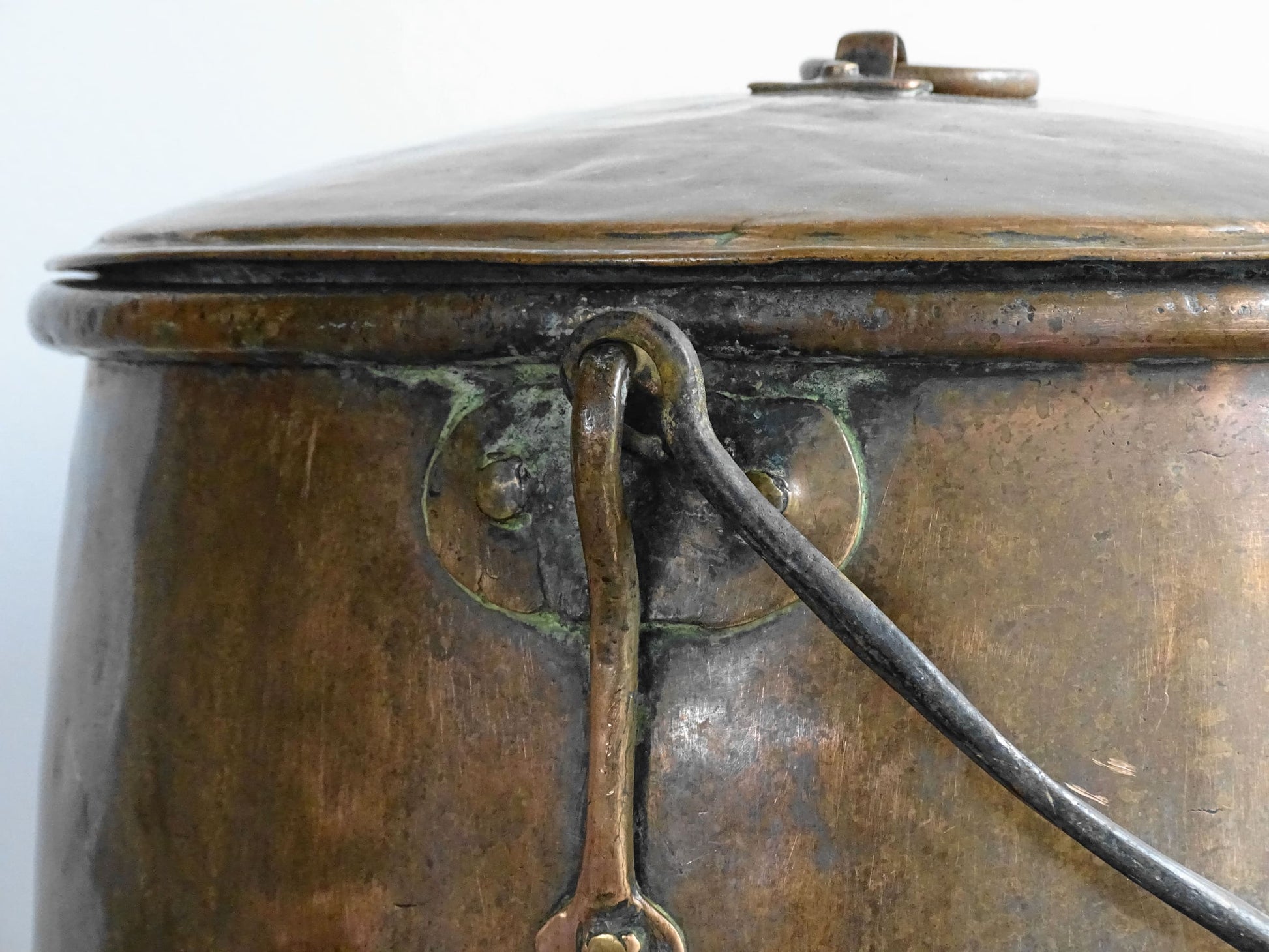  18th Century Antique French Copper Cauldron with lid and wrought iron handle.