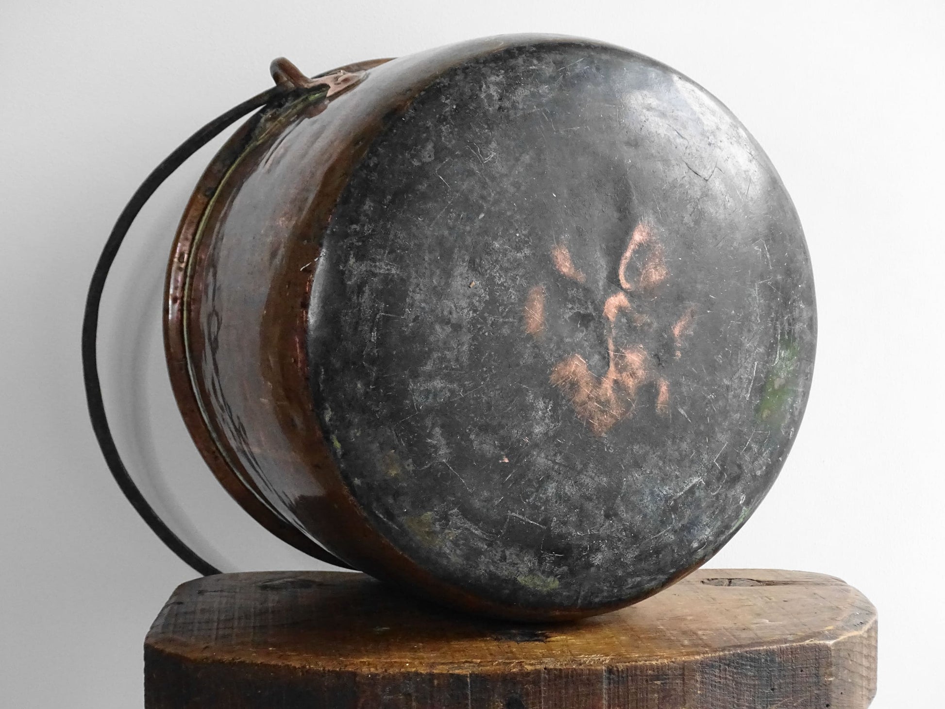  18th Century Antique French Copper Cauldron with lid and wrought iron handle.