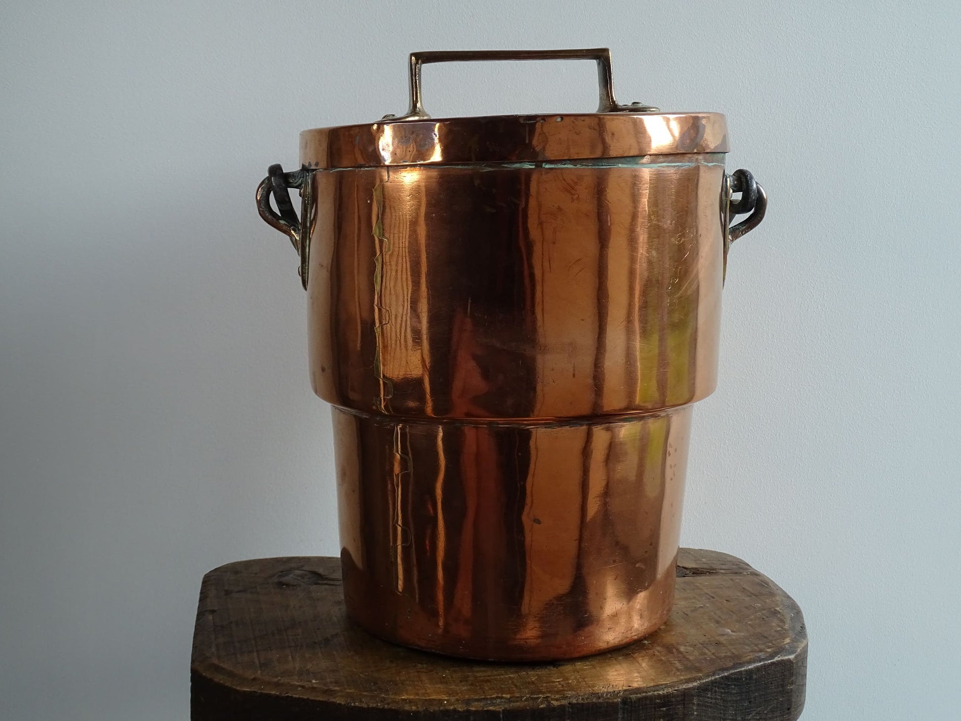 Antique Lidded Copper Cauldron with Wrought Iron Handle