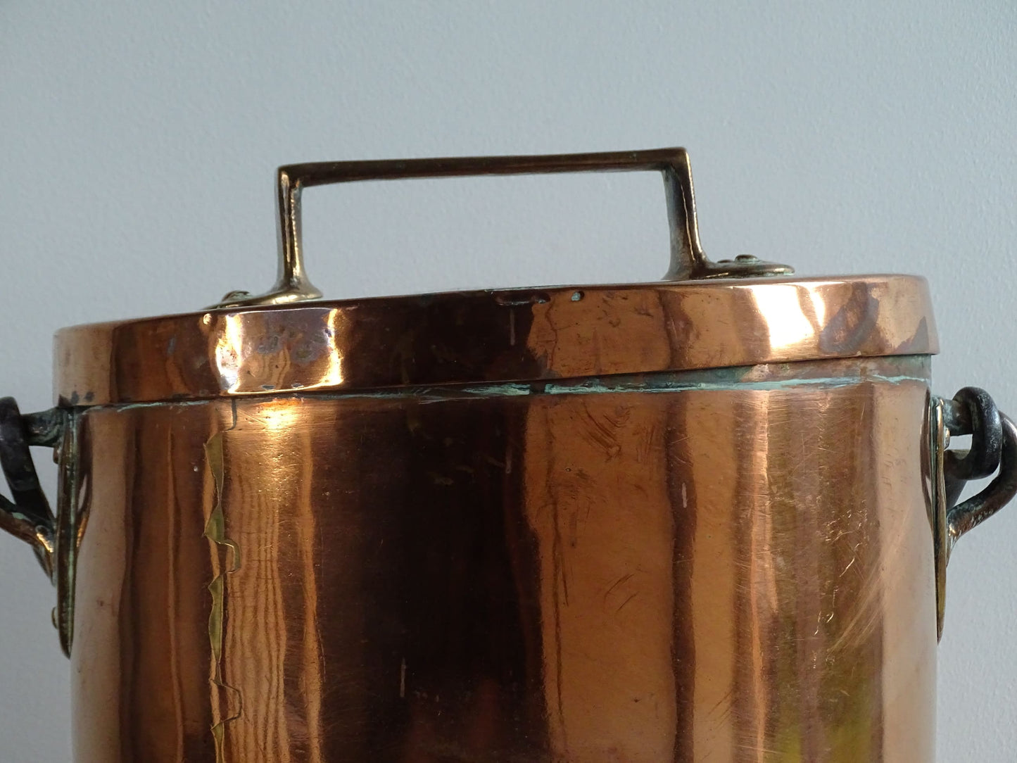 Antique Lidded Copper Cauldron with Wrought Iron Handle