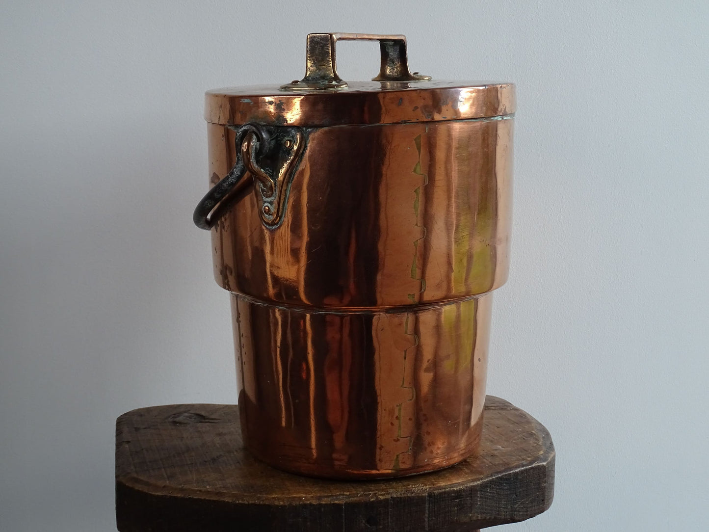 Antique Lidded Copper Cauldron with Wrought Iron Handle