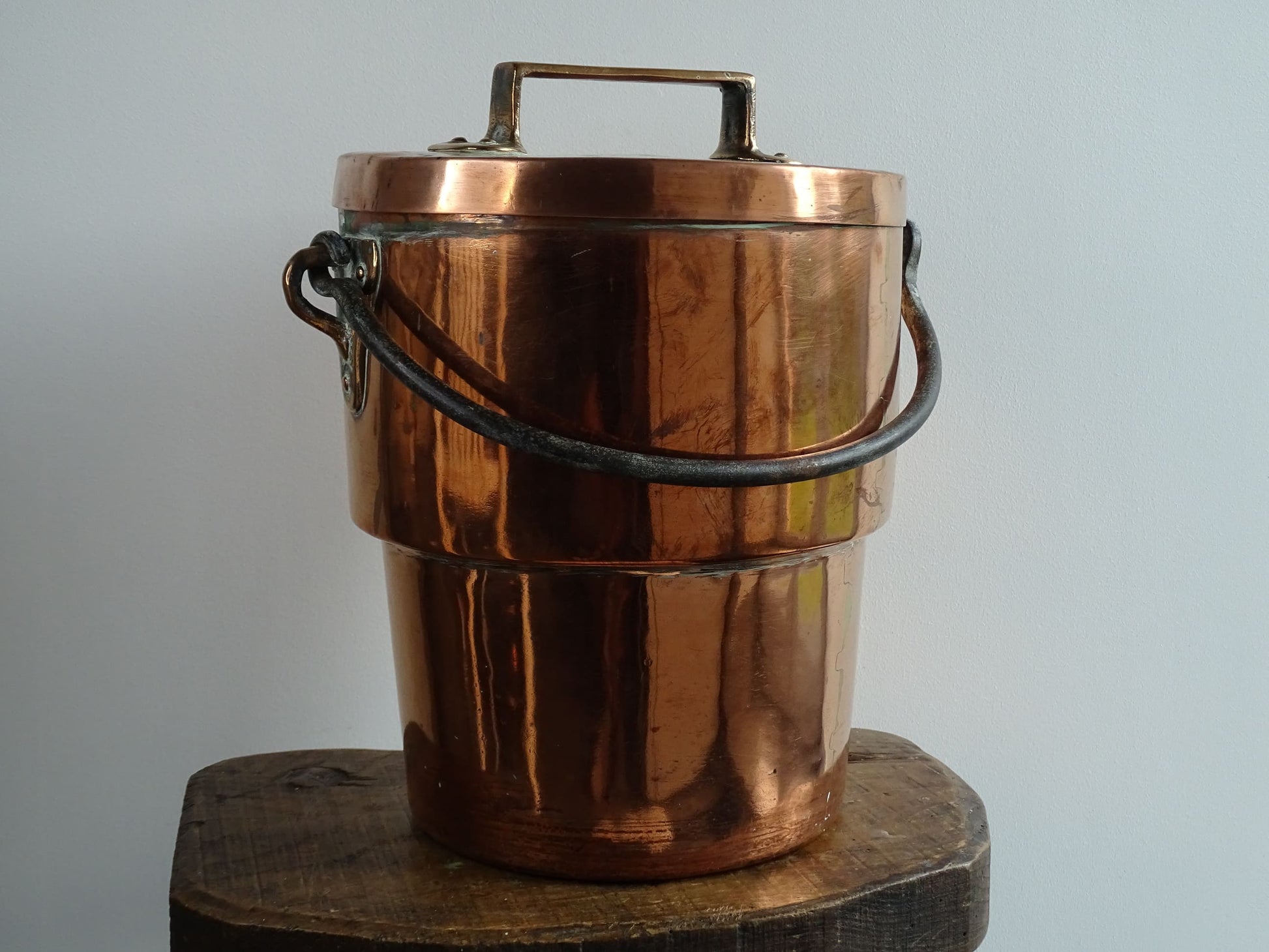 Antique Lidded Copper Cauldron with Wrought Iron Handle