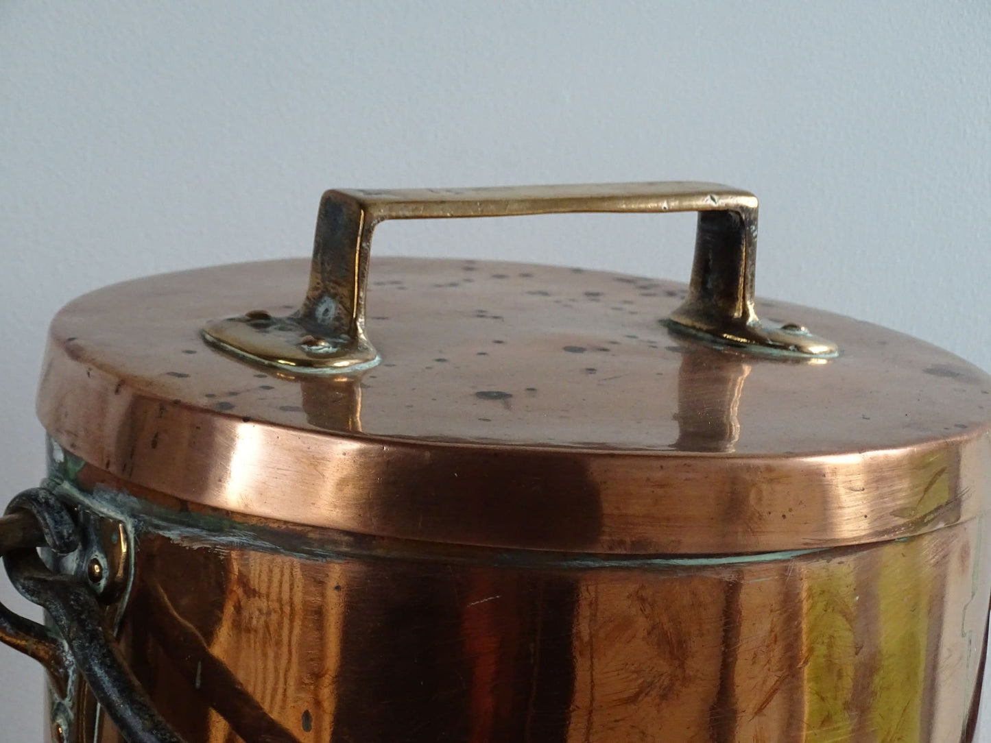 Antique Lidded Copper Cauldron with Wrought Iron Handle