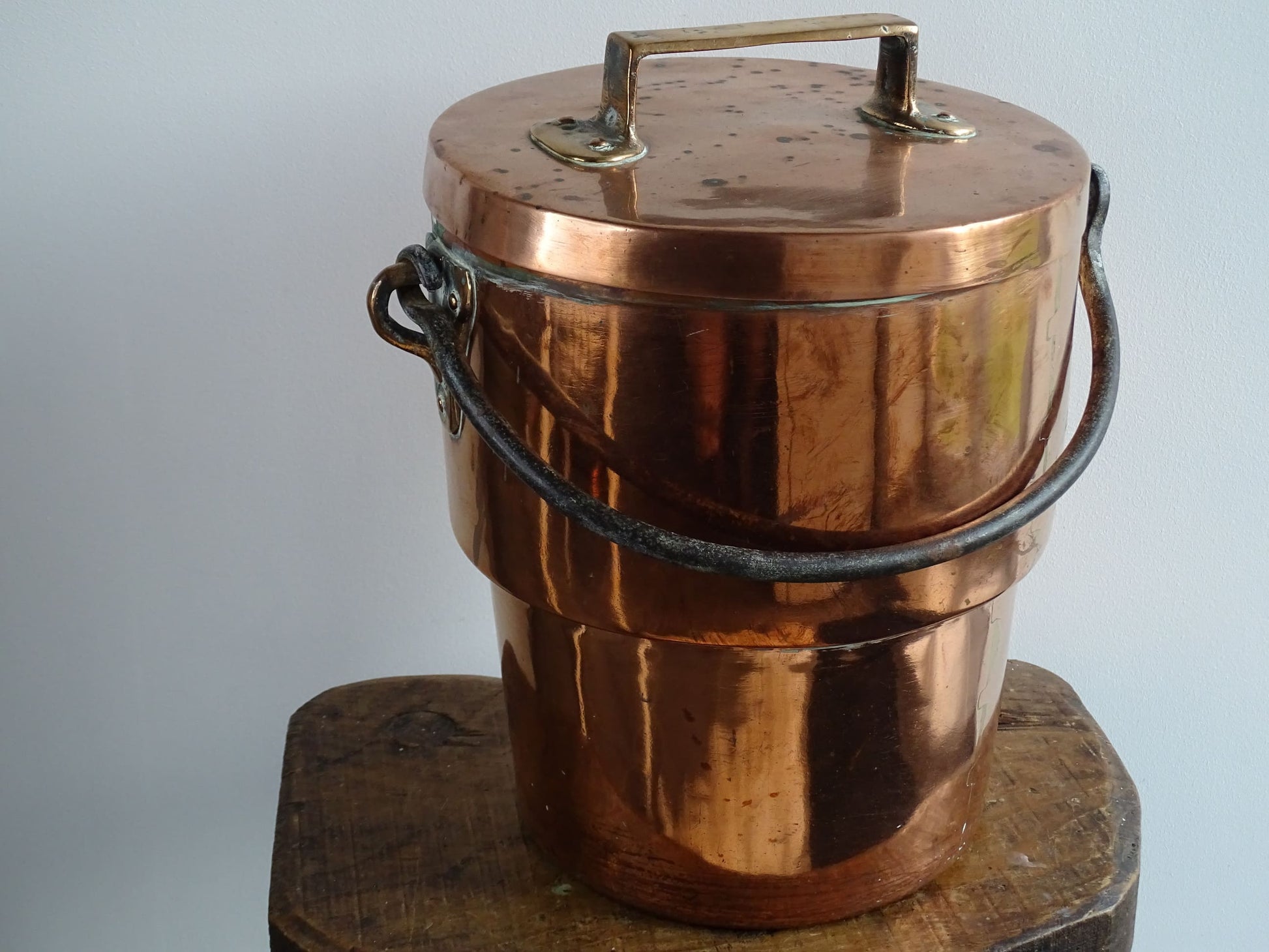 Antique Lidded Copper Cauldron with Wrought Iron Handle