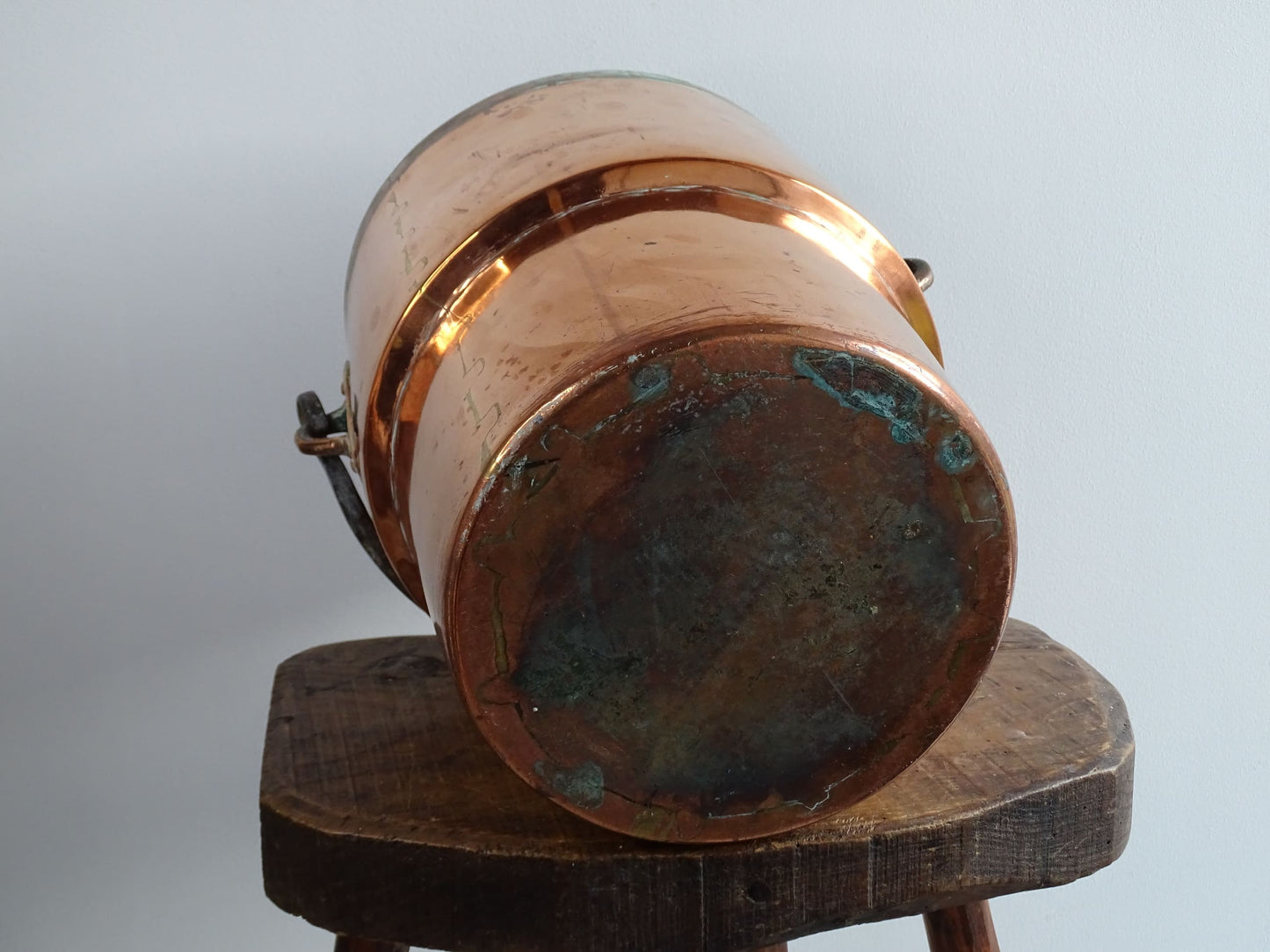 Antique Lidded Copper Cauldron with Wrought Iron Handle