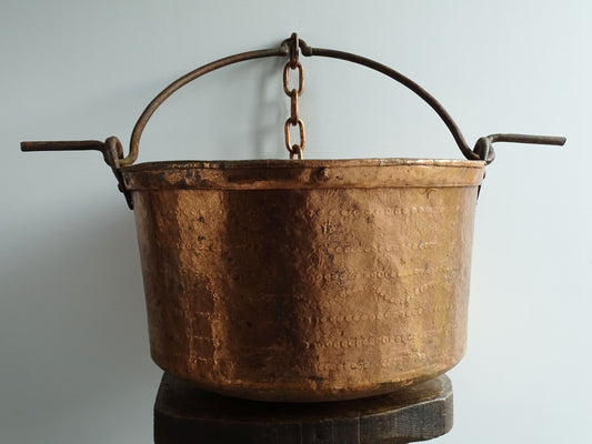 Huge Antique French Copper Cauldron with Hammered Copper Body, Wrought Iron Handle and Copper Rivets