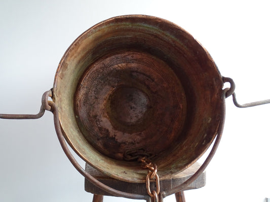 Huge Antique French Copper Cauldron with Hammered Copper Body, Wrought Iron Handle and Copper Rivets