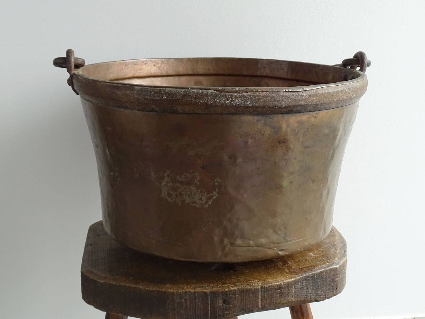 Large Antique French Copper Cauldron or Cooking Pot with Wrought Iron Handle