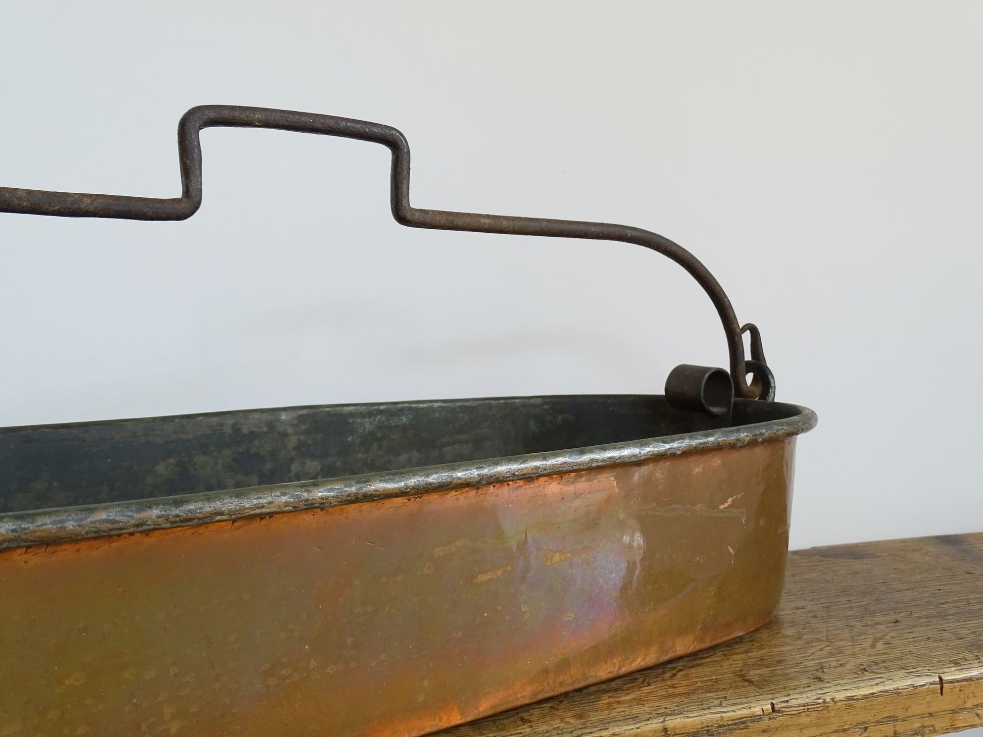 Antique French Copper Poissonnière, Fish Kettle or Fish Poacher with Wrought Iron Handle