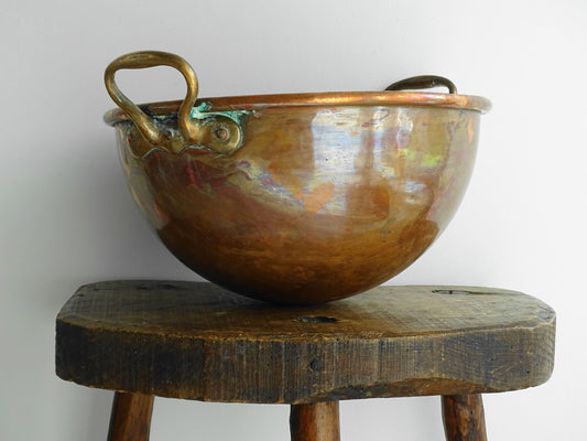 Antique French Copper Confectioner's Bowl, Mixing Bowl or Meringue Bowl with Brass Handles