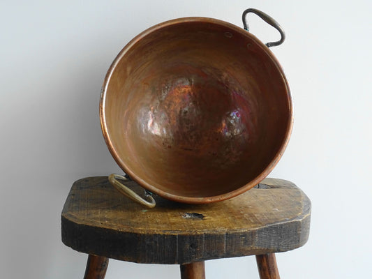 Antique French Copper Confectioner's Bowl, Mixing Bowl or Meringue Bowl with Brass Handles