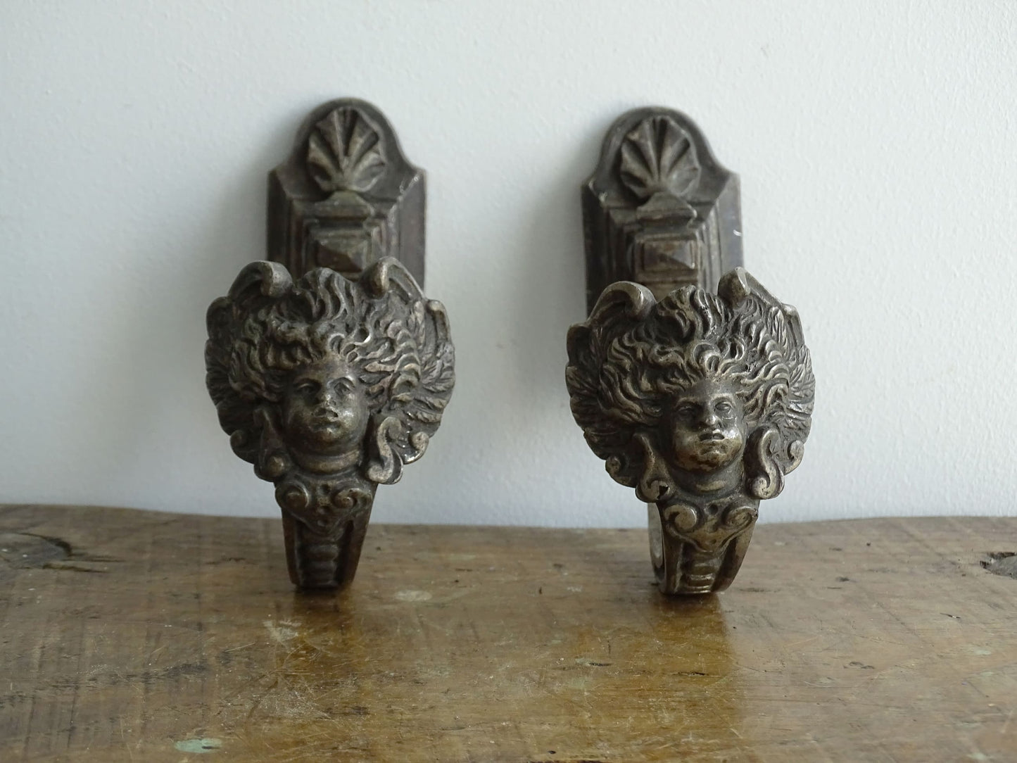 Pair of Antique French Curtain Hooks with Faces 