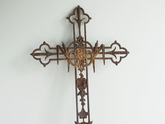 Antique French Timeworn Field Cross or Pilgrim Cross with Wheat and Grapes