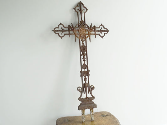 Antique French Timeworn Field Cross or Pilgrim Cross with Wheat and Grapes