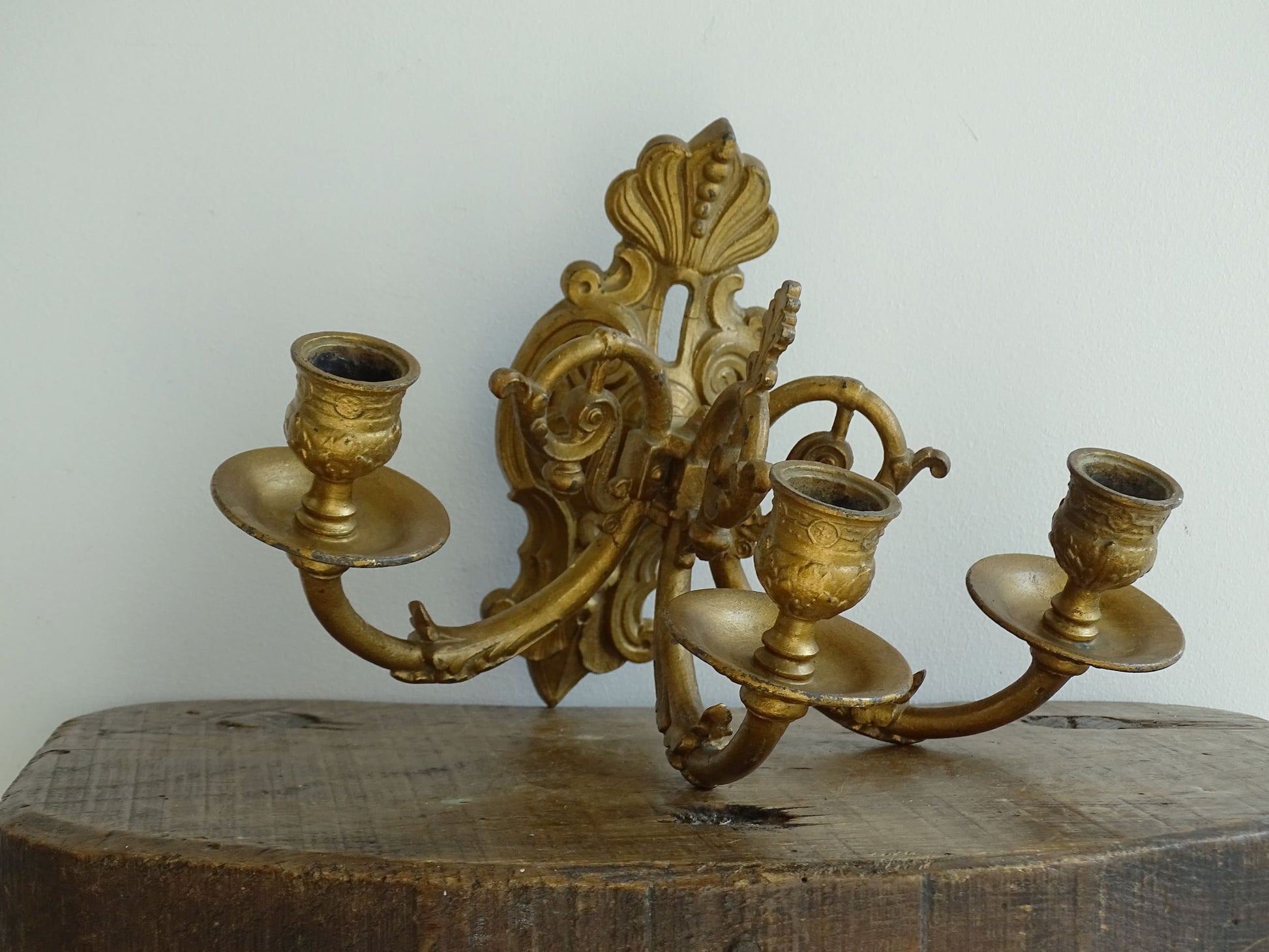 Antique French Gilt Wall Sconce in Rococo Style with Place for Three Candles