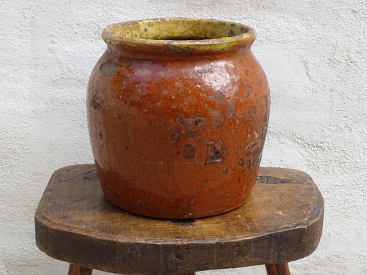 Antique French Terracotta Pot with Brown and Yellow Glaze