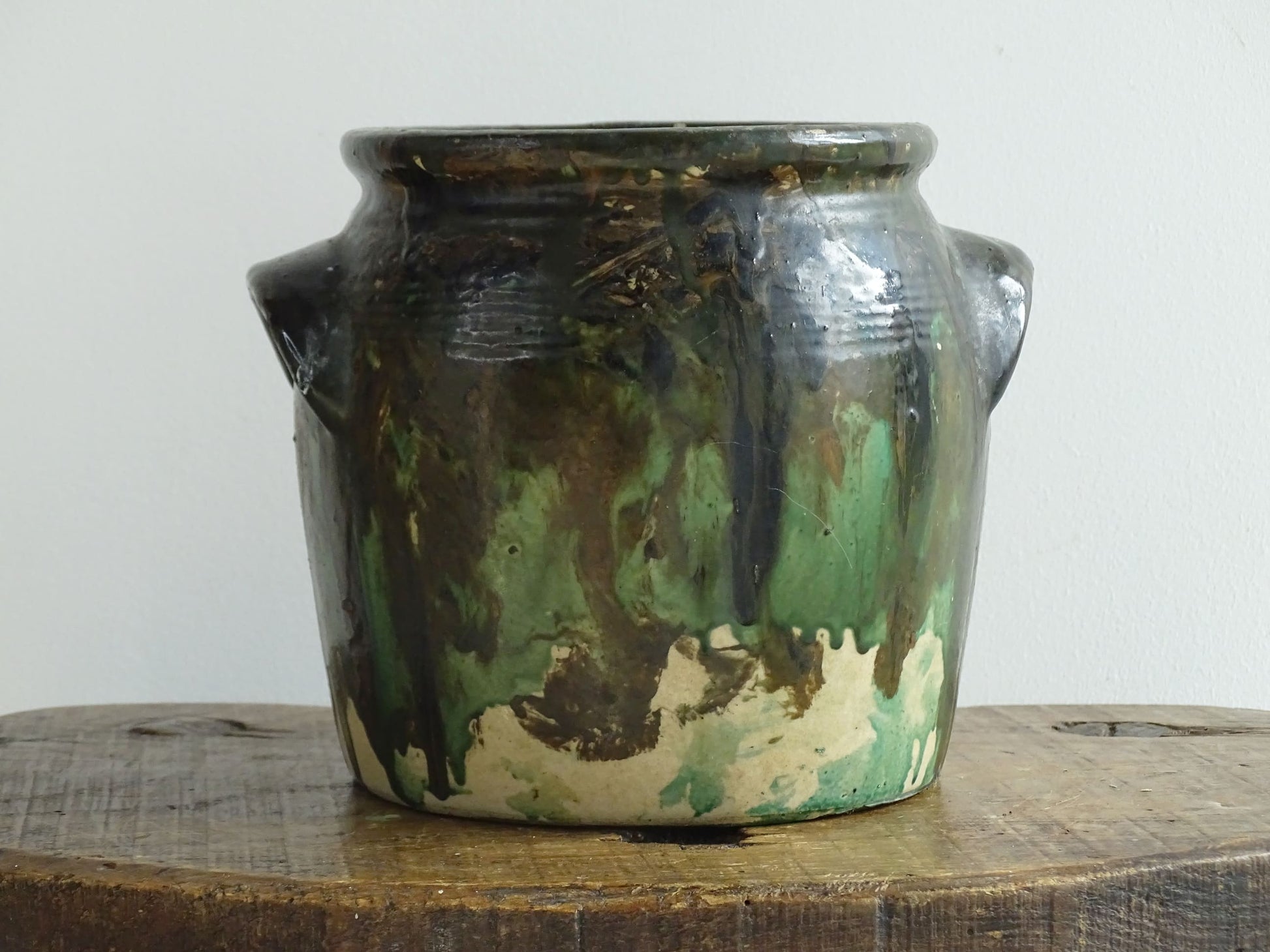 Antique French Stoneware Confit Pot with Green Drip Paint