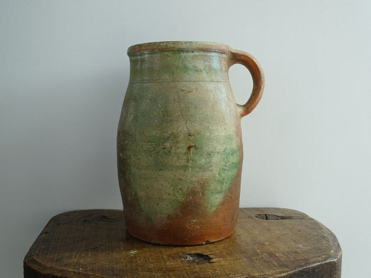 Antique French Green Stoneware Milk Jug with Blue Interior