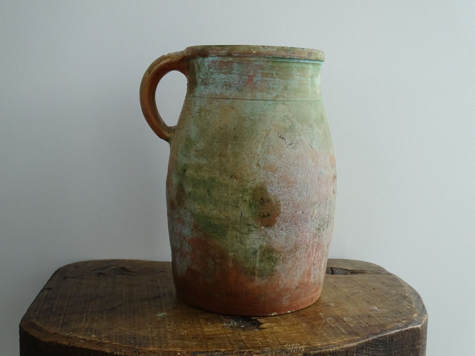 Antique French Green Stoneware Milk Jug with Blue Interior