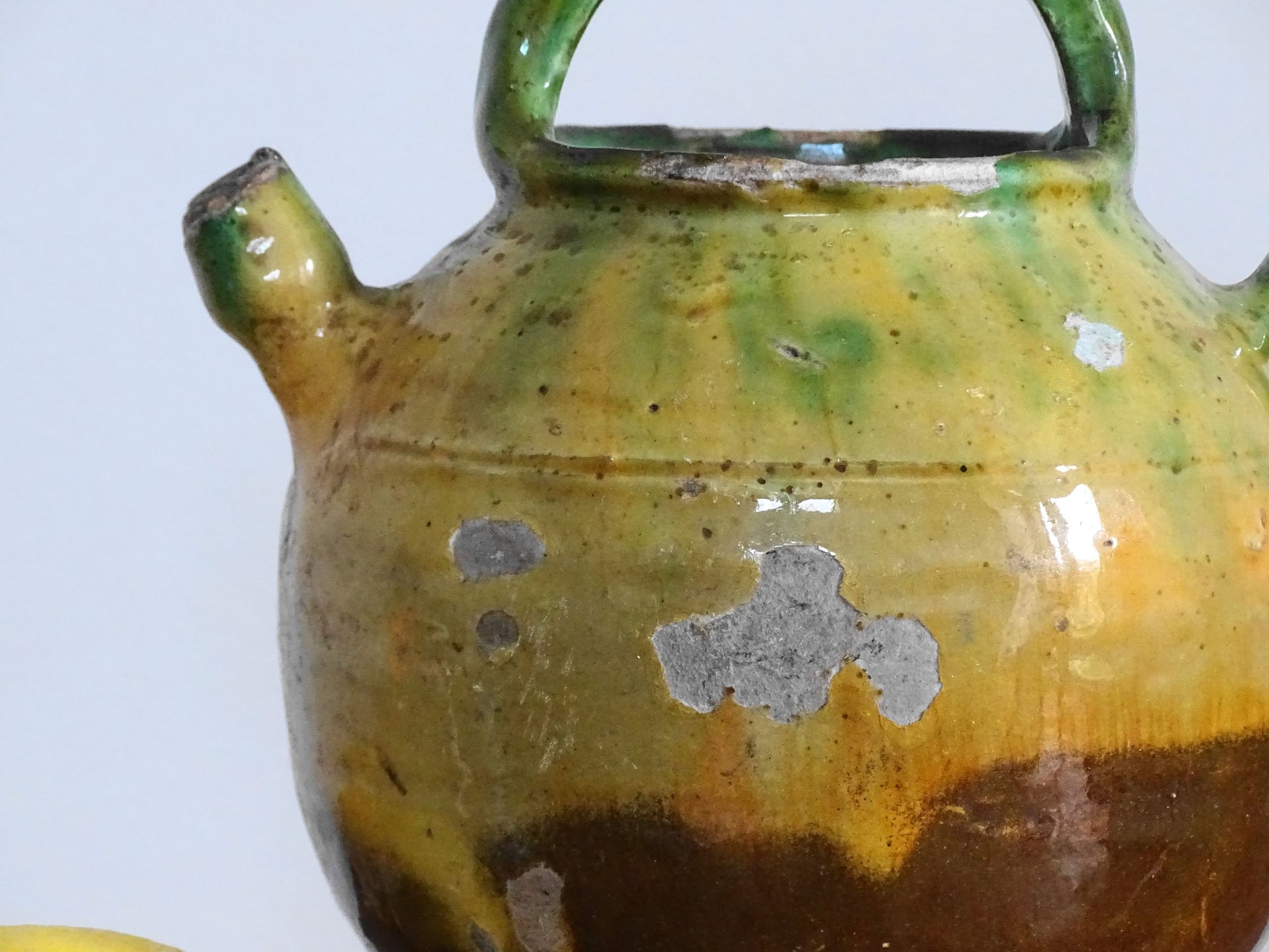 Antique Green and Yellow Glazed Provençal Gargoulette or Water Jug