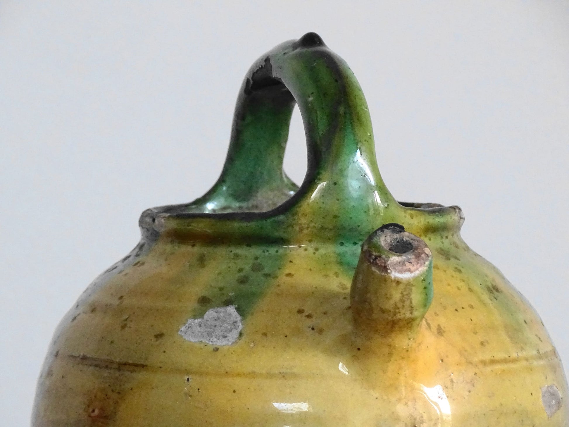 Antique Green and Yellow Glazed Provençal Gargoulette or Water Jug