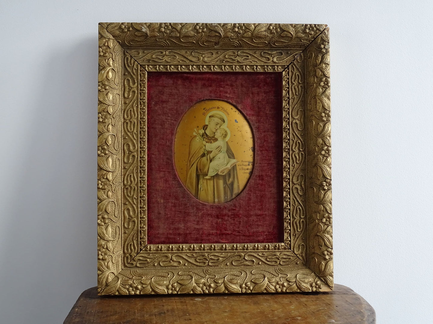 Antique French Lithograph Print of St. Antoine de Padoue or Saint Anthony of Padua in Gold Frame with Red Velvet Inset 