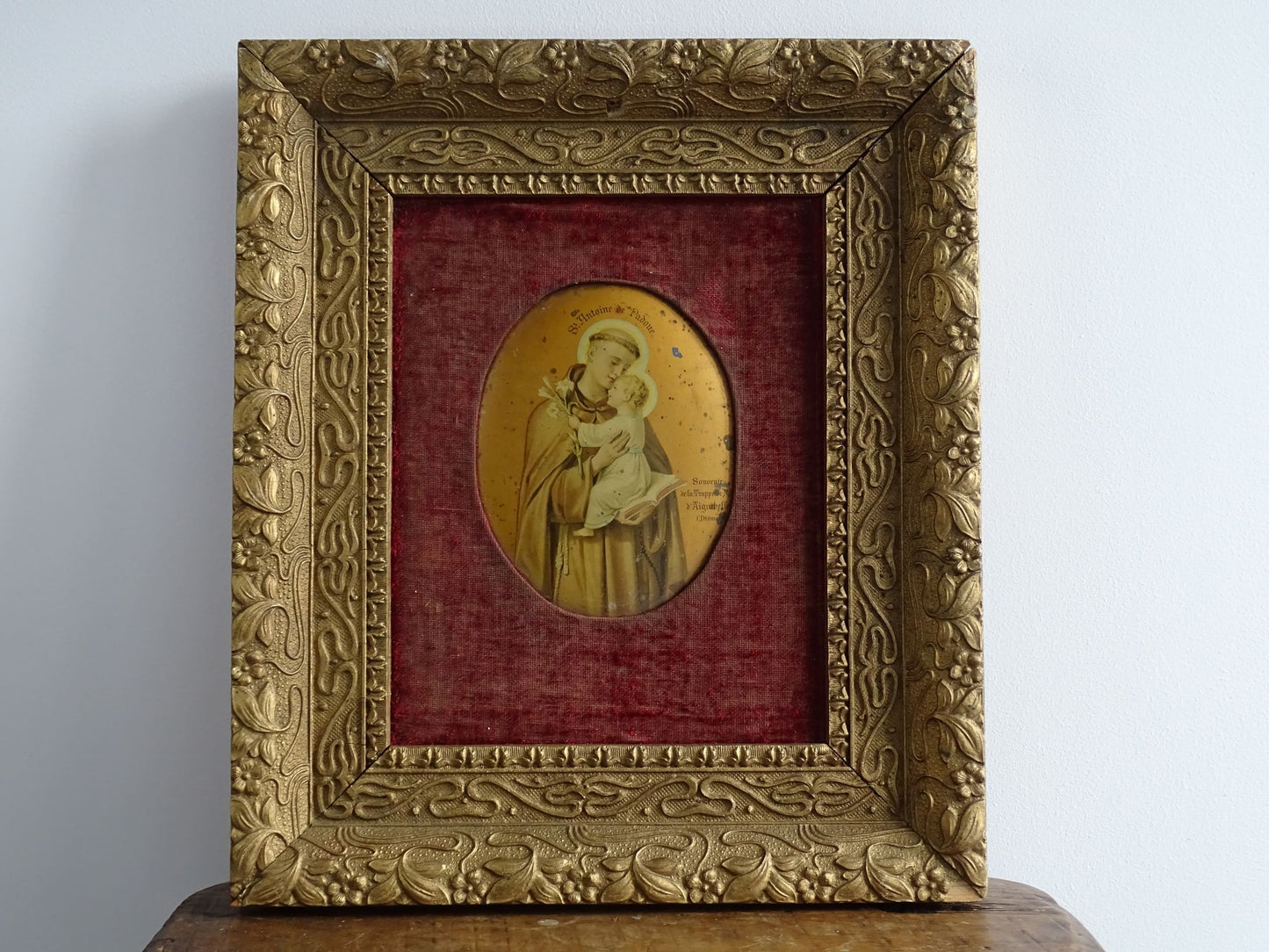 Antique French Lithograph Print of St. Antoine de Padoue or Saint Anthony of Padua in Gold Frame with Red Velvet Inset 