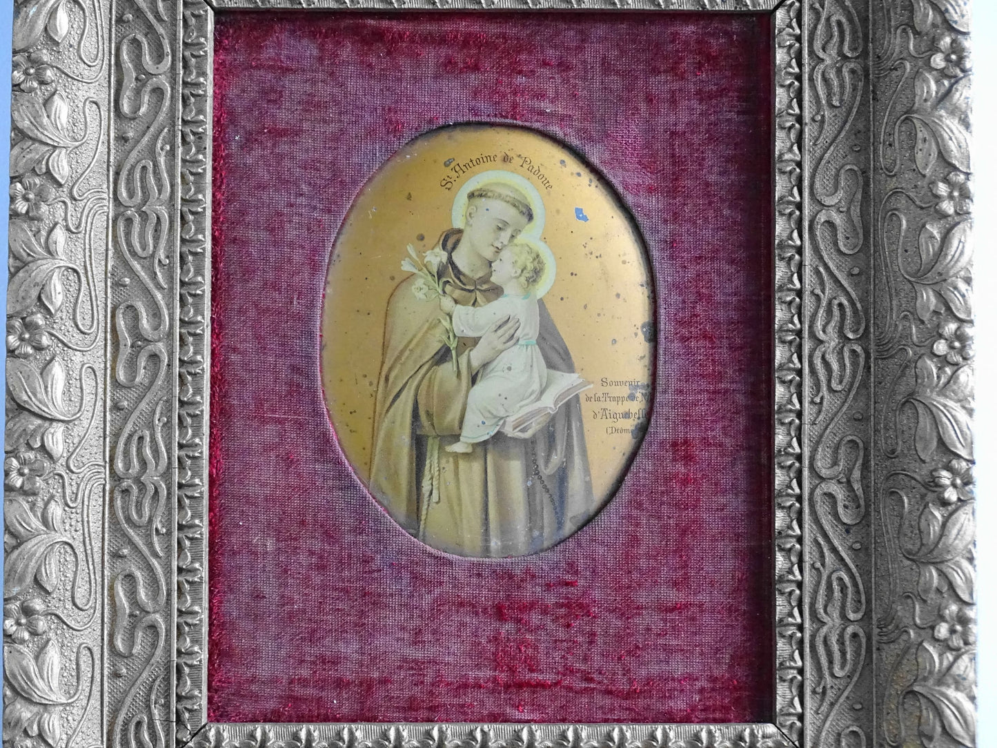 Antique French Lithograph Print of St. Antoine de Padoue or Saint Anthony of Padua in Gold Frame with Red Velvet Inset 