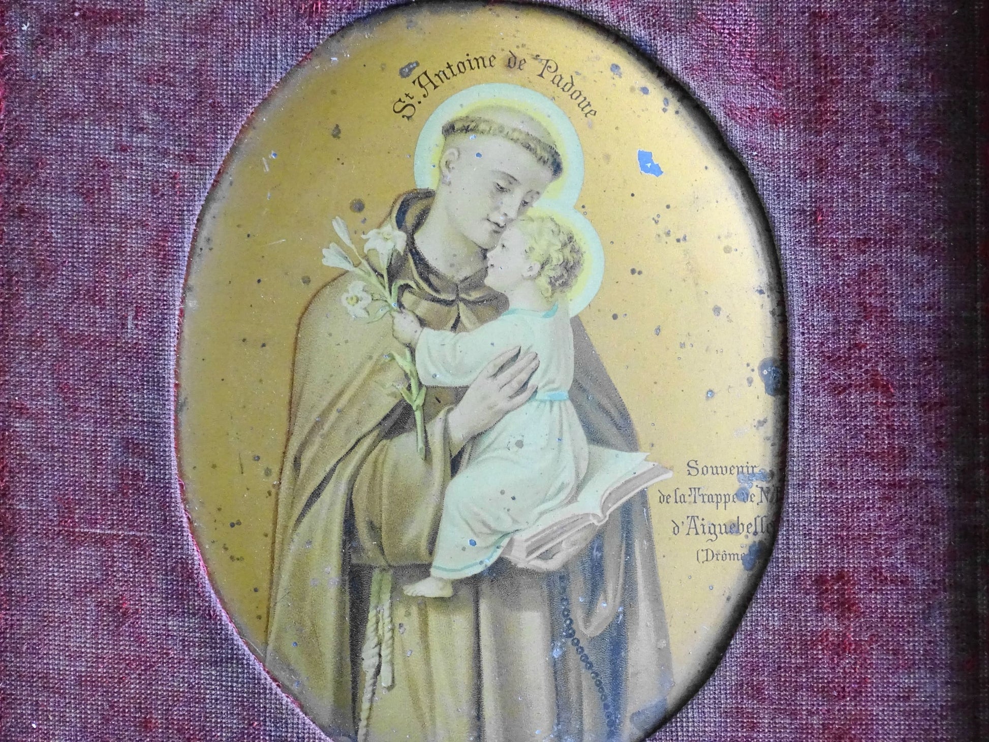 Antique French Lithograph Print of St. Antoine de Padoue or Saint Anthony of Padua in Gold Frame with Red Velvet Inset 